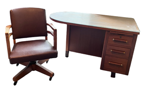 lot 91 image: Vintage Curved Walnut Art Deco Executive Desk With Glass Top & Chair