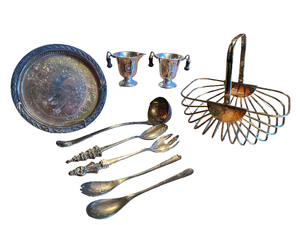lot 57 image: Silver Metal Fruit Basket, Silverplate Tray, Silver Serving Utensils and Silverplate Sugar & Creamer Set