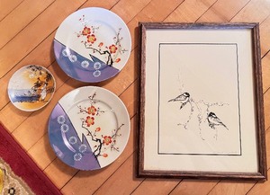 lot 62 image: Two Chickadees Perched On A Branch Artwork & Hand Painted Japanese Plates