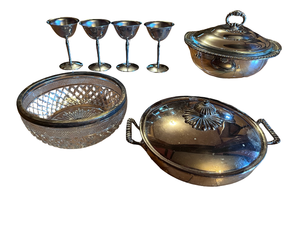 lot 59 image: Anchor Hocking Crystal Glass Bowl, Silverplate Chafing Dish, Covered Serving Dish & Stainless Steel Goblets