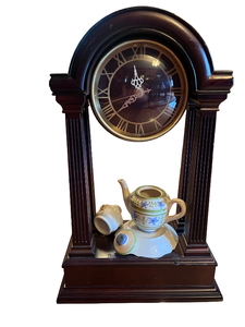 lot 39 image: Arch Wood Quartz Mantel Clock with Tea Set China Decor