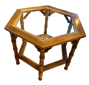 lot 46 image: Mid Century Walnut Hexagonal Glass Top Accent Table with Caned Shelf