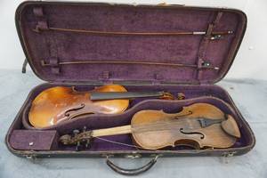 lot 46 image: Vintage 1920s Strad Model Violins and Double Violin Case with Bows