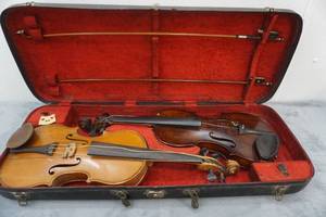 Vintage Violins and Double Violin Case with Bows