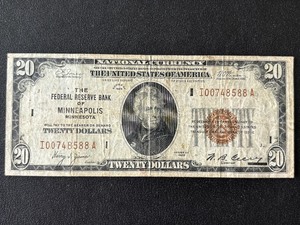 lot 7 image: 1929 Brown Seal $20 Dollar National Currency Minneapolis