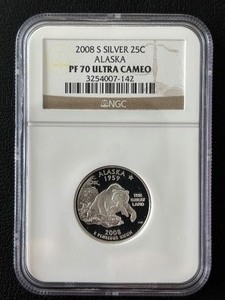 lot 14 image: 2008-S Alaska State Quarter Silver Proof NGC PF70 Ultra Cameo