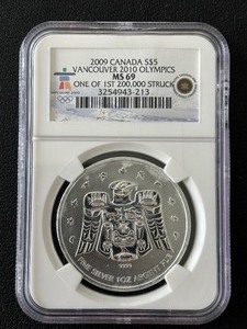 lot 17 image: 2009 Canada 1 Ounce .999 Fine Silver $5 Dollar Vancouver Olympics NGC MS69