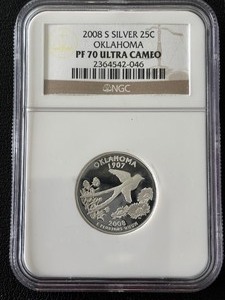 lot 21 image: 2008-S Oklahoma State Quarter Silver Proof NGC PF70 Ultra Cameo