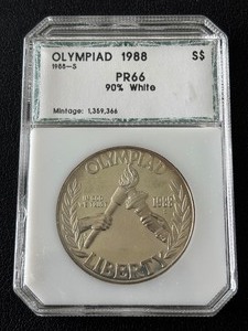 lot 27 image: 1988-S Olympic Silver Dollar Proof PCI PR66
