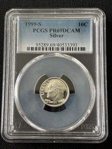 lot 28 image: 1999-S Roosevelt Dime Proof Silver PCGS PR69 Deep Cameo