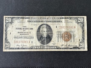 lot 51 image: 1929 Brown Seal $20 Dollar National Currency Minneapolis