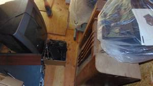 lot 317 image: Vintage Radio Cabinet Asis, HP Printer, RCA and GE TVs and Box of other Electrics