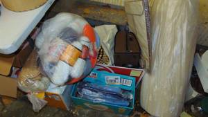 lot 354 image: Box of Sewing Material, Roll of Foam, Yarn, Storage and Tablecloths