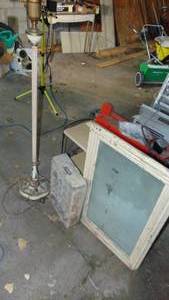 lot 27 image: Vintage Metal Shelf, Mirror, 7-up Crate and Floor Lamp