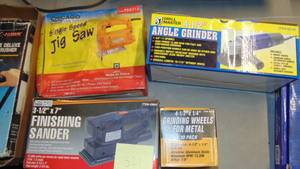 lot 521 image: Angle Grinder, Grinding Wheels, Jag Saw and Finishing Sander