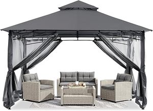 lot 44-BL image: Gazebos for Patios 10x12 - Outdoor Steel Frame Gazebo with Mosquito Netting for Lawn Backyard Garden Deck (Dark Gray)