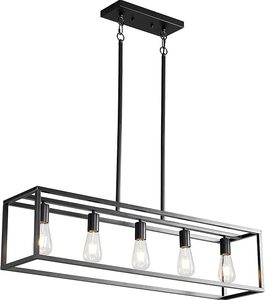 lot 119-BL image: Black Farmhouse Kitchen Island Lighting, Modern Industrial Chandelier, 5-Light Linear Rectangular Pendant Light Fixtures for Farmhouse Kitchen Dining Room Bar Foyer(Metal, Height Adjustable)