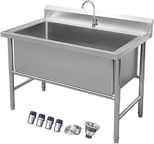 lot 253-BL image: Freestanding Commercial Single Bowl Stainless Steel Sink, 100cm x 60cm x 80cm, Industrial Style, Easy to Clean