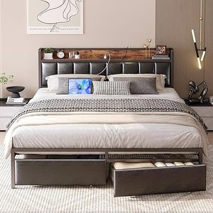 lot 321-BL image: Full Size Bed Frame with Storage Headboard and Charging Station, Black Upholstered Platform Bed with Two Drawers, No Box Spring Needed, Easy Assembly, Vintage Brown and Black