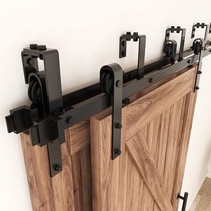 lot 323-BL image: 11FT Double Track Bypass Sliding Barn Door Hardware Kit for 2 Doors, Bypass Barn Door Track Kit, Low Ceiling, Easy Install, J Shape Hanger, Fit 66 Wide Door Panel