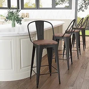 lot 72-OR image: Metal Bar Stools Set of 4,24 inch Barstools Counter Height Bar Stools with Backs Farmhouse Bar Stools with Larger seat High Back Kitchen Dining Chairs Modern Bar Chairs Matte Black Stool
