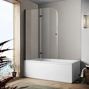 lot 280-BL image: Bathroom Frameless Hinged Foldable Tub Door, Shower Glass Door 43  58 Shower Screen Panel with Tempered Glass (6mm), Fixed Clamps Included, Matte Black