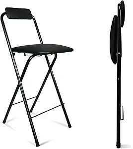 lot 311-BL image: Folding Bar Stool with Back, Tall Foldable Stool Chair Portable Adult Collapsible Stools Counter Height Seat Leather Padded Kitchen Shop Cafe