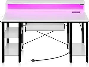 lot 313-OR image: Computer Desk 54 inch with LED Lights & Power Outlets, Gaming Desk with Storage Shelves, Home Office Desk with Keyboard Tray, Writing Desk with Monitor Stand, Study Desk, White