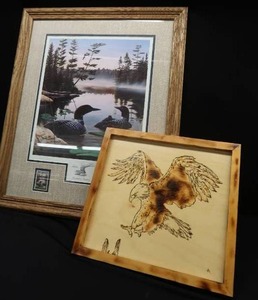 lot 104 image: SIGNED FRAMED PRINT AND WOOD BURNING ART