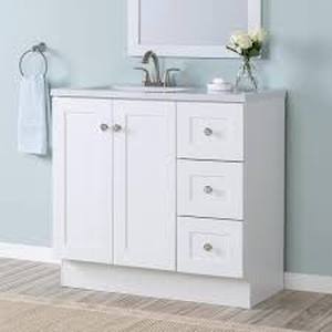 lot 14 image: Glacier Bay Bannister 37 in. Single Sink White Bath Vanity with Granite-Look Colorpoint White Cultured Marble Top (Assembled)  Customer Returns See Pictures
