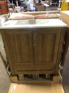 lot 21 image: Home Decorators Collection Moorside 30 in. Single Sink Sweet Maple Bath Vanity with White Engineered Stone Top (Assembled) Broken    Customer Returns See Pictures