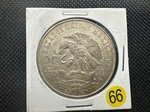 lot 66 image: 1968 Mexican Olympic Silver 25 Peso Coin