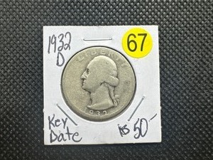 lot 67 image: Key Date 1932-D Silver Washington Quarter - Key to Washington Quarter Set - PCGS Price for a G-4 is $80.00