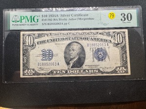 lot 79 image: $10 1934A Blue Seal Silver Certificate PMG Graded 30 in Very Fine Condition - High Quality Bill