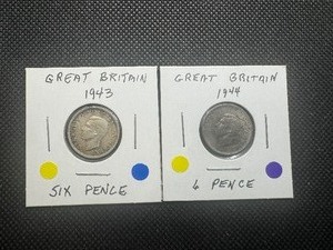 lot 90 image: Silver 1943 and 1944 Great Britian Six Pence