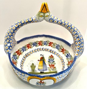 lot 16 image: Henriot Quimper France Hand-Painted Ceramic Basket with Floral and Figural Design