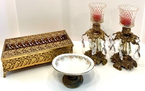 lot 41 image: Vintage Gold Plated Tissue Box and Pair of Crystal Glass Candle Holders with Prisms and Soap Dish