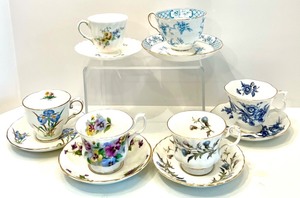 lot 42 image: Collection of 6 Vintage Bone China Teacups and Saucers with Floral Designs in Varying Shades of Blue Tones
