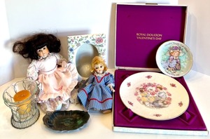 lot 45 image: Set of 2 Vintage Decorative Plates and Porcelain Dolls, Floral Porcelain Frame, Candle Holder and Silver Tray