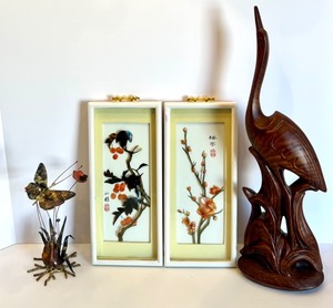 lot 47 image: Set of 2 Vintage Chinese 3D Wall Panels, a Metal Butterfly Sculpture and Ceramic Bird Sculpture