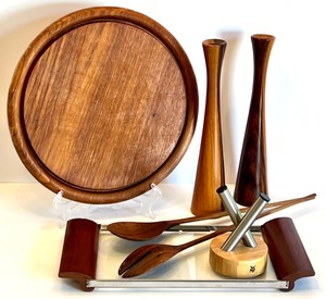 lot 48 image: Mid-Century Modern Teak Decor Set - Candlestick Holders, Tray, Salt & Pepper Shakers by WMF and Utensils