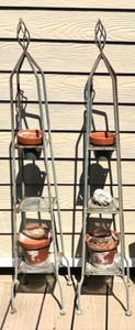 lot 51 image: Pair of Rustic Metal Plant Stands with Terracotta Pots