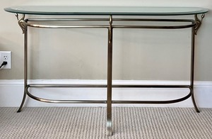 lot 54 image: Elegant Glass and Metal Console Table with Brass Swan Decorative Accents