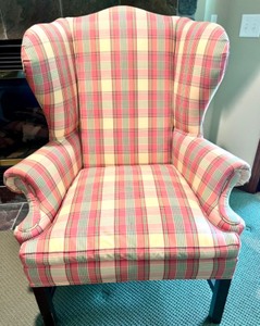 lot 135 image: Ralph Lauren Plaid Wingback Armchair with Matching Cushions