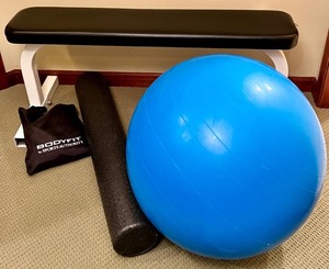 lot 138 image: BodyFit Exercise Set with Bench, Gym Ball, Foam Roller, and Resistance Bands