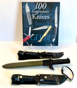 lot 245 image: Collection of 3 Military-Style Knives with Sheaths and 100 Legendary Knives Book
