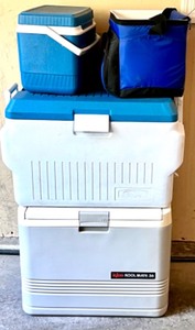 lot 298 image: Collection of Coolers Igloo Kool Mate 36, Rubbermaid 60, and 2 Small Portable Coolers