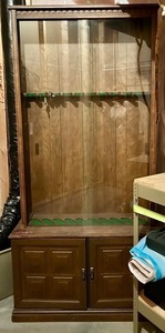 lot 19 image: Large Wooden Gun Cabinet with Glass Doors and Key Set