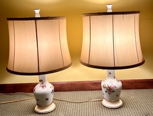 lot 116 image: Pair of Floral Ceramic Table Lamps with Tapered Shades