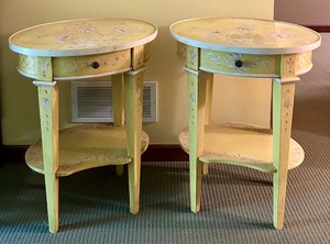 lot 117 image: Pair of Yellow Floral Oval Side Tables with Drawers
